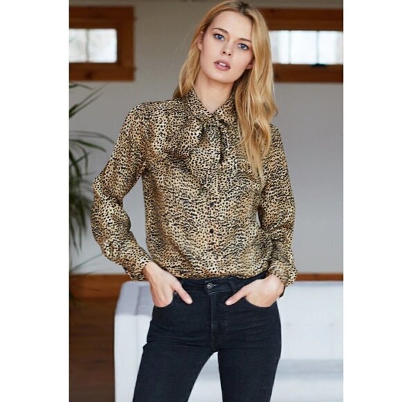 Emerson Fry Womens Brown Cheetah Print Ribbons Removable Neck Sash Blouse Top XS - Picture 1 of 6